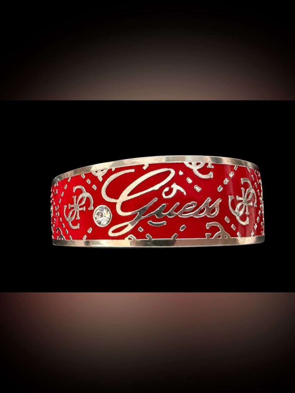 Vintage GUESS Bangle Bracelet Silver Tone Burgundy Enameled Metal